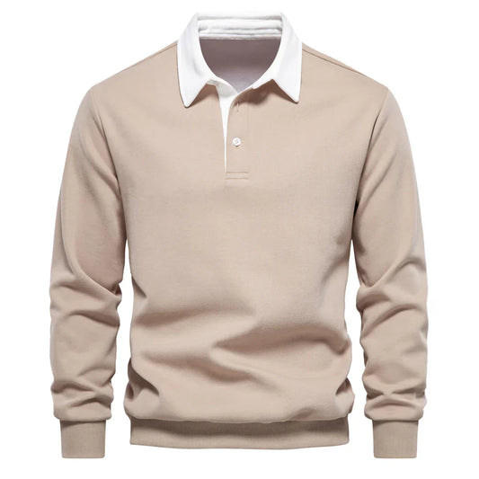 Men’s Long Sleeve Polo Sweatshirt | Ribbed Hem Rugby Style | Casual Smart-Collar Pullover