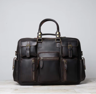 Genuine Leather Duffle Bag | Vintage Travel Holdall | Multi-Pocket Weekender