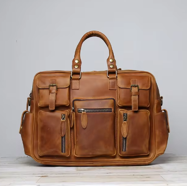 Genuine Leather Duffle Bag | Vintage Travel Holdall | Multi-Pocket Weekender
