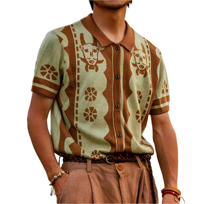 Men’s Retro Knit Polo Shirt | Short Sleeve Button-Up | Soft Stretch Patterned Top