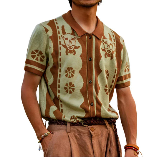 Men’s Retro Knit Polo Shirt | Short Sleeve Button-Up | Soft Stretch Patterned Top