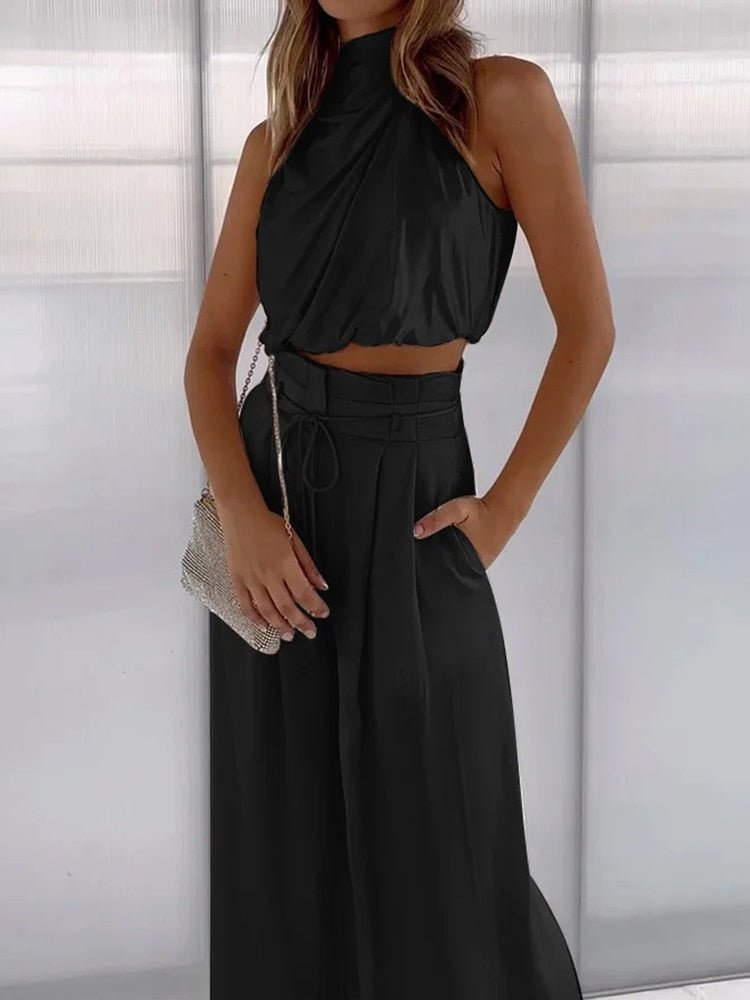 Two-Piece Satin Halter Top and Pants Set | Adjustable Waist Tie | Perfect for Formal or Evening Wear