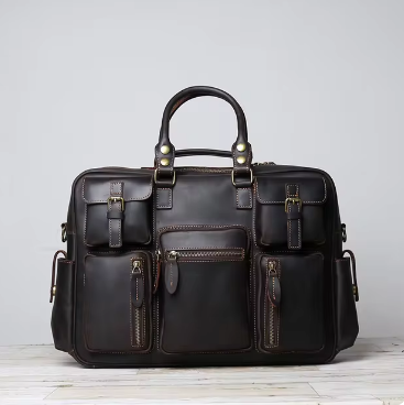 Genuine Leather Duffle Bag | Vintage Travel Holdall | Multi-Pocket Weekender