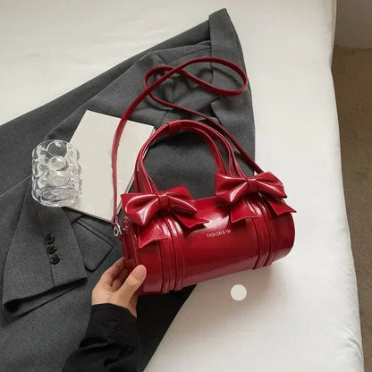 Barrel Shoulder Bag | Metallic PU Leather | Double Bow Detail
