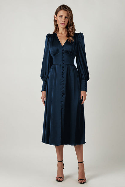 Women’s Long Sleeve Midi Dress | Puff Shoulder Button-Front Design | Elegant Evening Fit