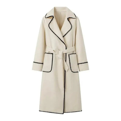 Elegant Longline Coat | Contrasting Trim | Belted Waist | Casual to Formal