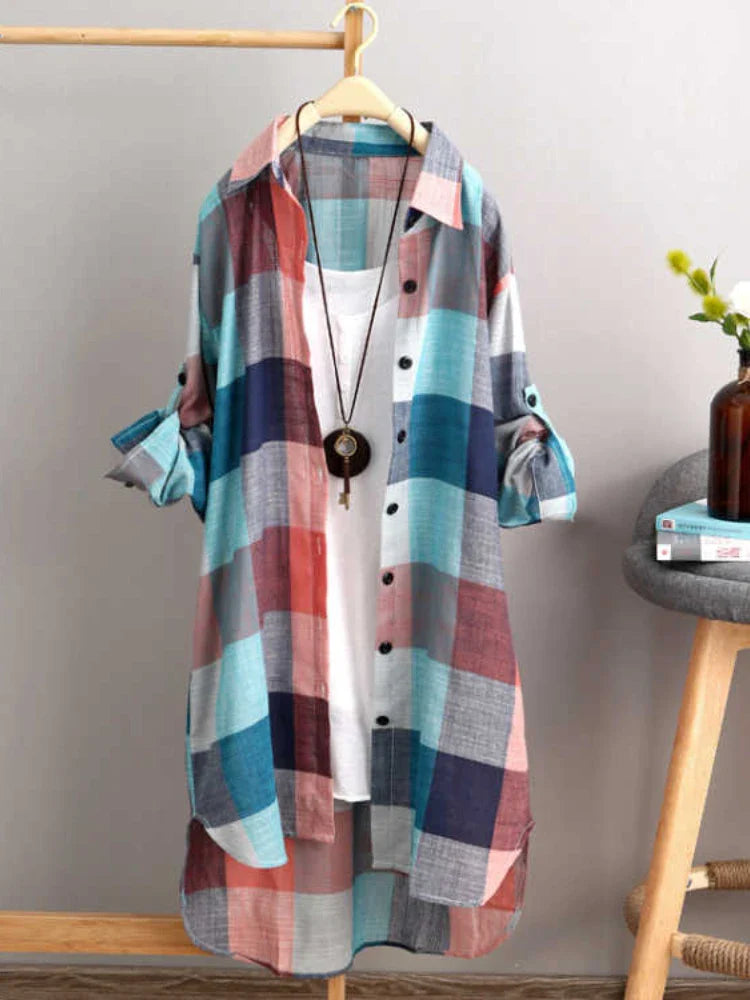 Oversized Plaid Shirt Dress | Roll-Tab Sleeves & Hi-Low Hem | Lightweight Cotton Blend
