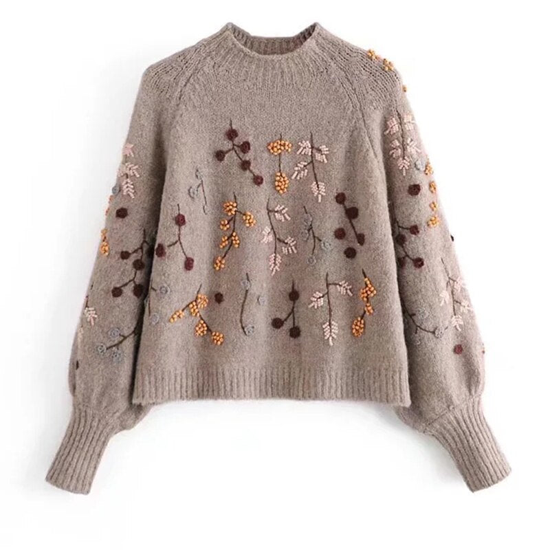 Women's Embroidered Knit Sweater | Balloon Sleeves | Cozy Fall Winter Pullover