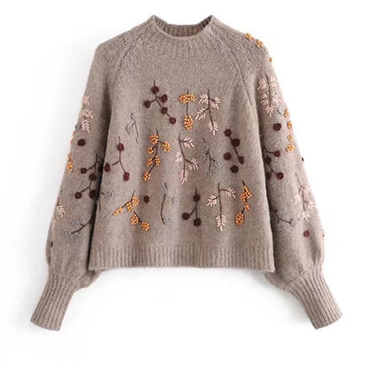 Women's Embroidered Knit Sweater | Balloon Sleeves | Cozy Fall Winter Pullover