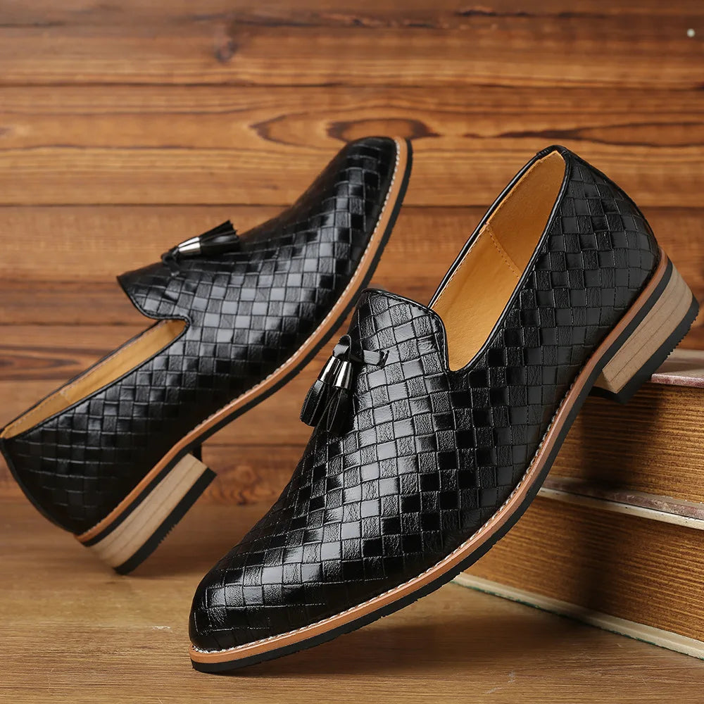Men’s Woven Gloss Loafers | Slip-On Dress Shoes | Faux Leather Upper
