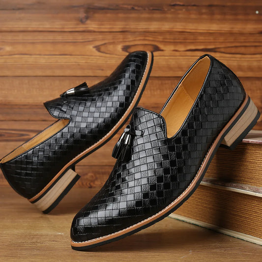 Men’s Woven Gloss Loafers | Slip-On Dress Shoes | Faux Leather Upper