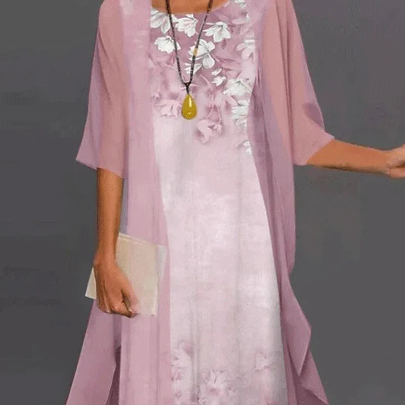 Women's Chiffon Overlay Midi Dress | Floral Print | Elegant Summer Occasion Dress