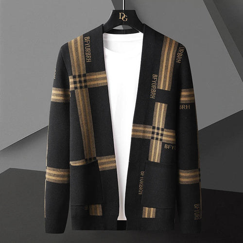 Open Front Knit Cardigan | Plaid Graphic Pattern with Relaxed Drape
