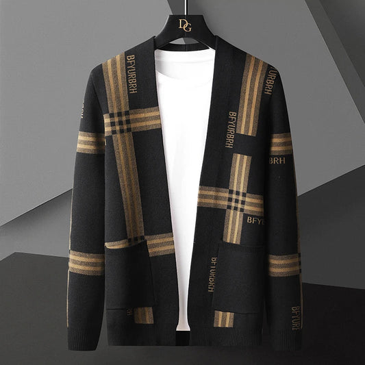Open Front Knit Cardigan | Plaid Graphic Pattern with Relaxed Drape