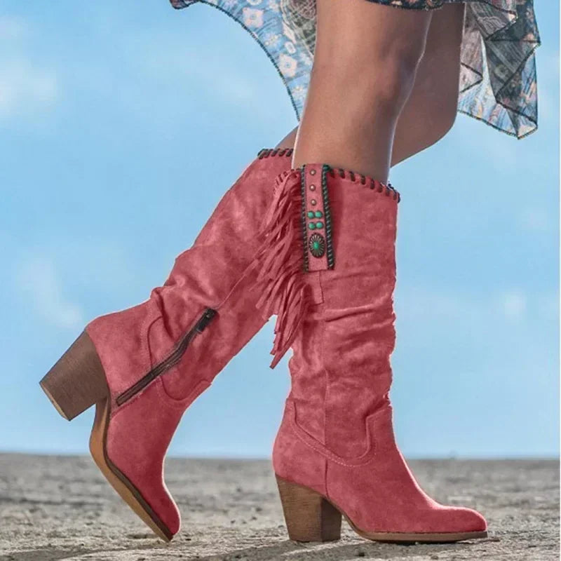 Boho Western Fringe Boots | Embellished Tall Shaft | Mid Block Heel Festival Style