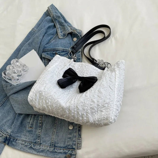 Large Bow Shoulder Tote Bag | Crinkle Texture Detail