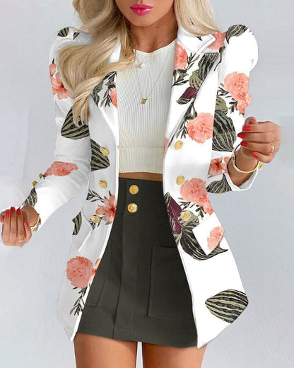 Women's Blazer and Skirt Set | Tailored Fit with Houndstooth Check | Button-Front Mini Skirt and Padded Shoulder Blazer