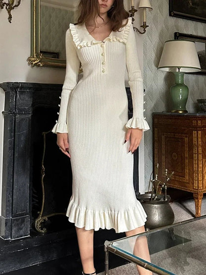 Ruffle Knit Midi Dress | Slim Fit Silhouette | Long Sleeve Design