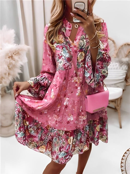 Floral Tiered Mini Dress | V-Neck with Long Sleeves | Lightweight Spring Fit