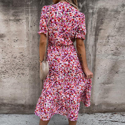 Tropical Print Midi Dress | Puff Sleeve Wrap Style | Lightweight Summer Look