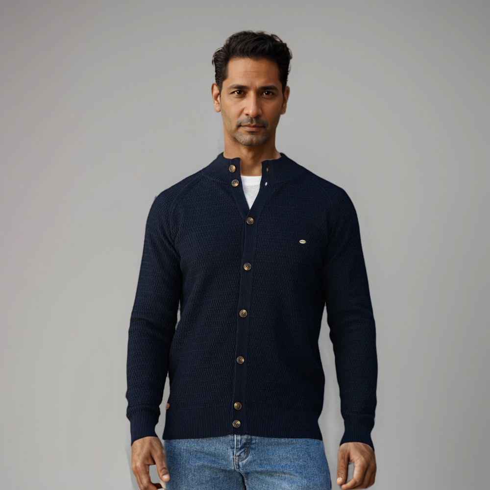 Waffle Knit Button Cardigan | Stand Collar with Chest Pocket Detail