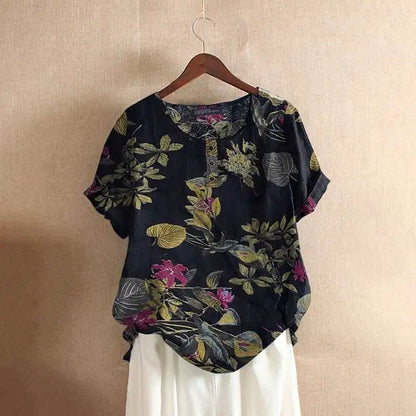 Floral Linen-Blend Short Sleeve Blouse | Casual Summer Top with Side Buttons