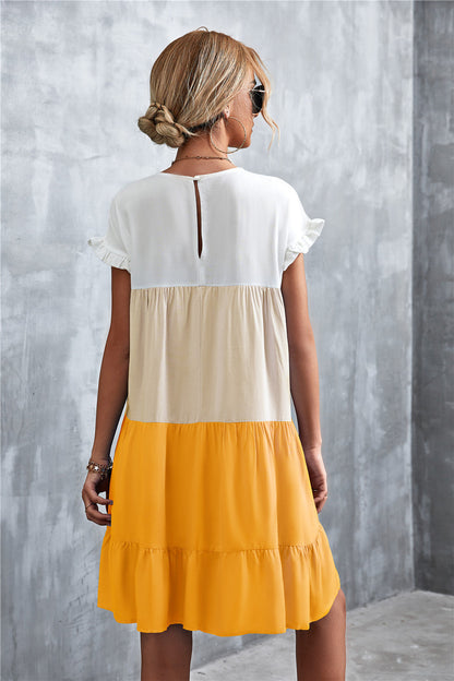 Tiered Colourblock Mini Dress | Ruffled Cap Sleeves | Lightweight Summer Style