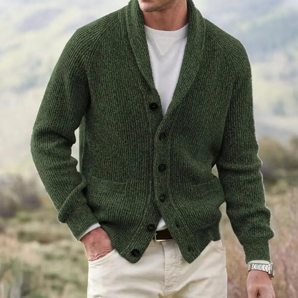Men’s Shawl Collar Cardigan | Chunky Knit Button-Up | Warm Earth Tone