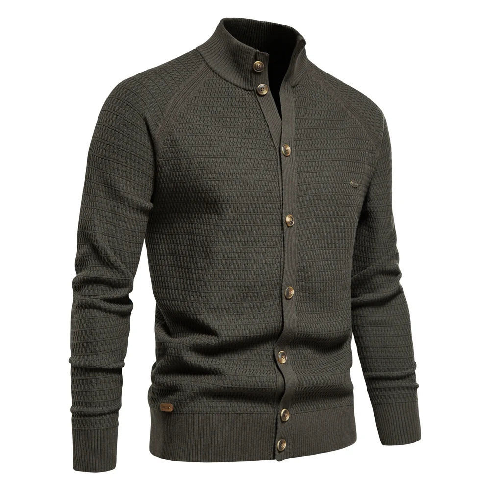 Waffle Knit Button Cardigan | Stand Collar with Chest Pocket Detail