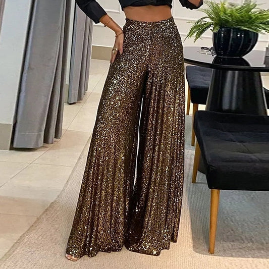 High-Waist Sequin Wide-Leg Pants | Evening Glam Look | Flowing Party Fit