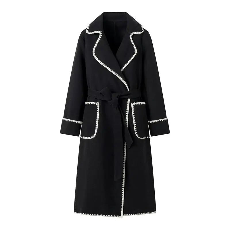 Elegant Longline Coat | Contrasting Trim | Belted Waist | Casual to Formal