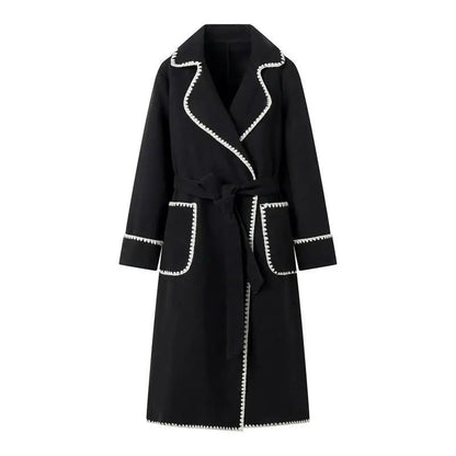 Elegant Longline Coat | Contrasting Trim | Belted Waist | Casual to Formal