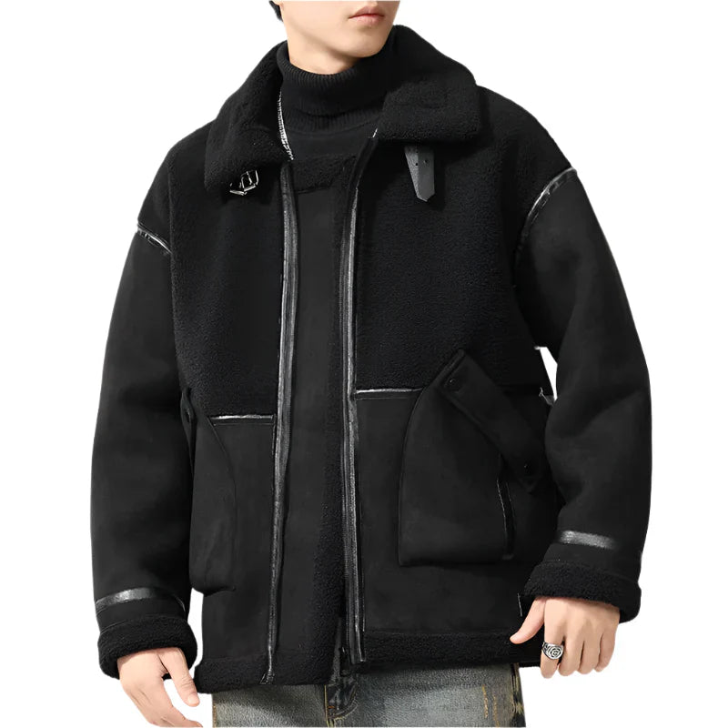 Men’s Oversized Sherpa Jacket | Faux Leather Trim | Full-Zip Cold Weather Coat