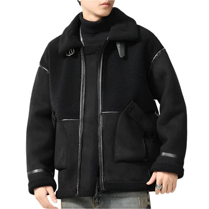 Men’s Oversized Sherpa Jacket | Faux Leather Trim | Full-Zip Cold Weather Coat