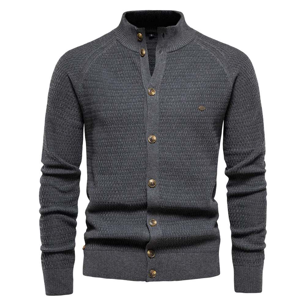Waffle Knit Button Cardigan | Stand Collar with Chest Pocket Detail