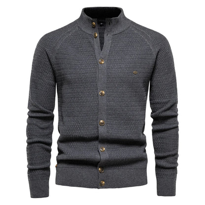 Waffle Knit Button Cardigan | Stand Collar with Chest Pocket Detail
