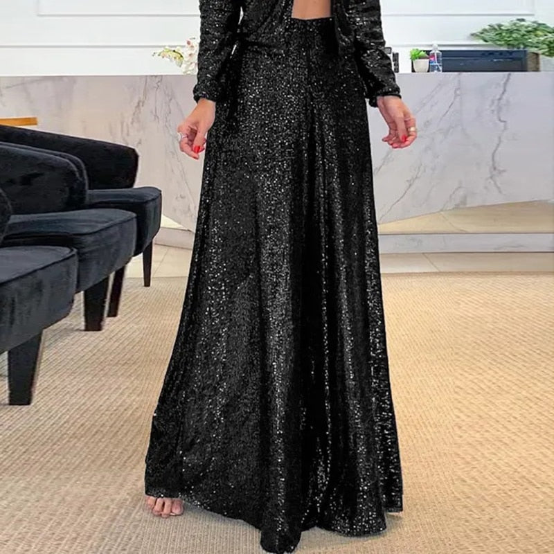 High-Waist Sequin Wide-Leg Pants | Evening Glam Look | Flowing Party Fit