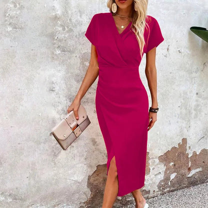 Wrap-Front Midi Dress | Cap Sleeve | Slim Fit with Side Slit