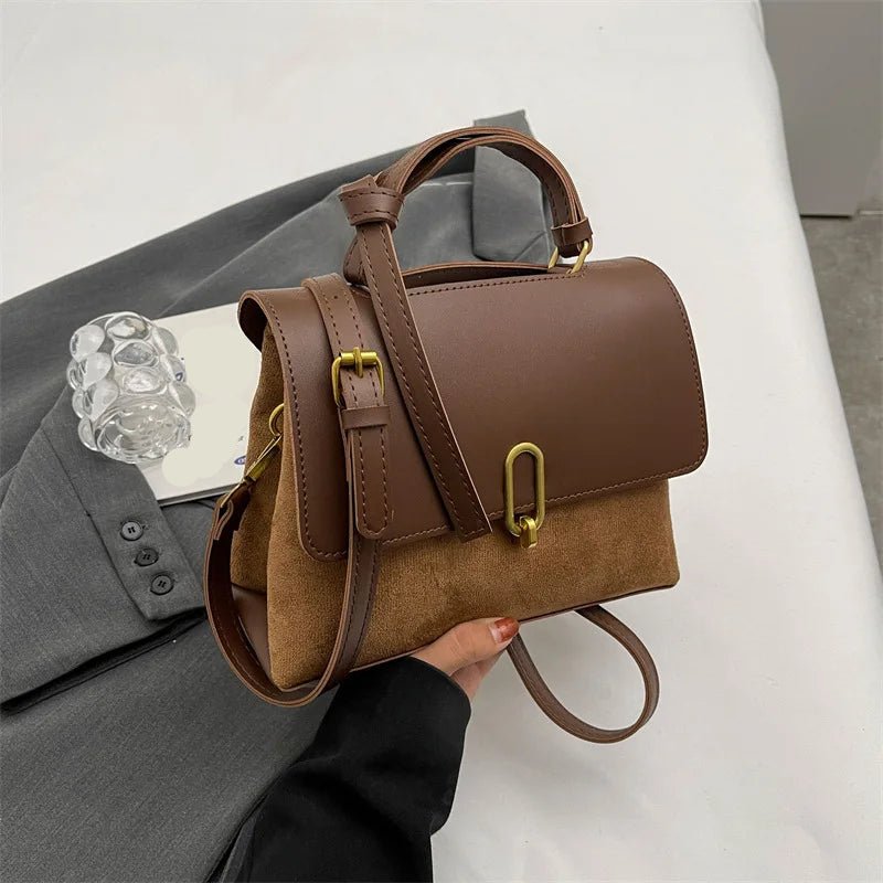 Flap Satchel Bag | PU Leather & Suede Mix | Crossbody & Top Handle