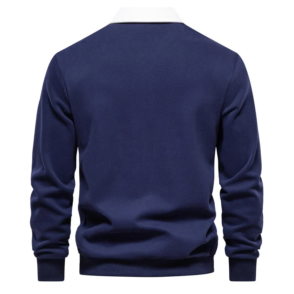 Men’s Long Sleeve Polo Sweatshirt | Ribbed Hem Rugby Style | Casual Smart-Collar Pullover