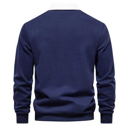 Men’s Long Sleeve Polo Sweatshirt | Ribbed Hem Rugby Style | Casual Smart-Collar Pullover