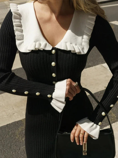 Ruffle Knit Midi Dress | Slim Fit Silhouette | Long Sleeve Design