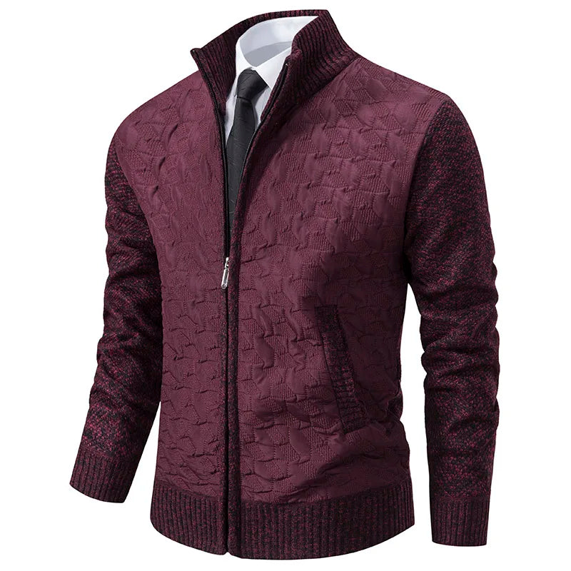 Textured Zip-Up Sweater Jacket | Quilted Front with Knit Sleeves