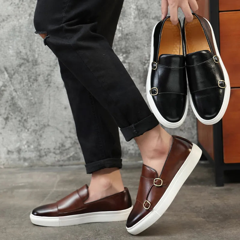 Men’s Monk Strap Slip-On Sneakers | Dress-Casual Hybrid | PU Leather & Rubber Sole
