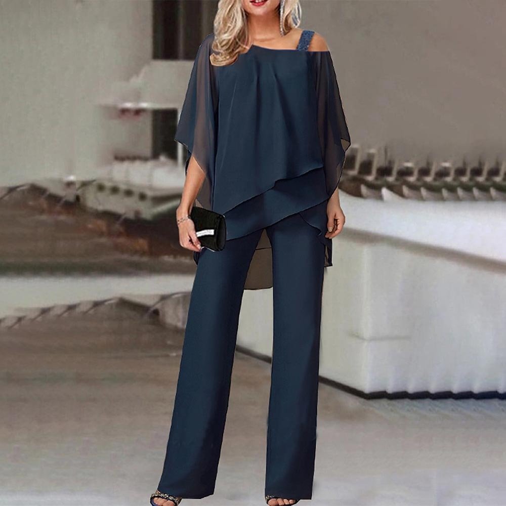 Cold Shoulder Chiffon Pant Set | Draped Overlay Top and Wide-Leg Bottoms