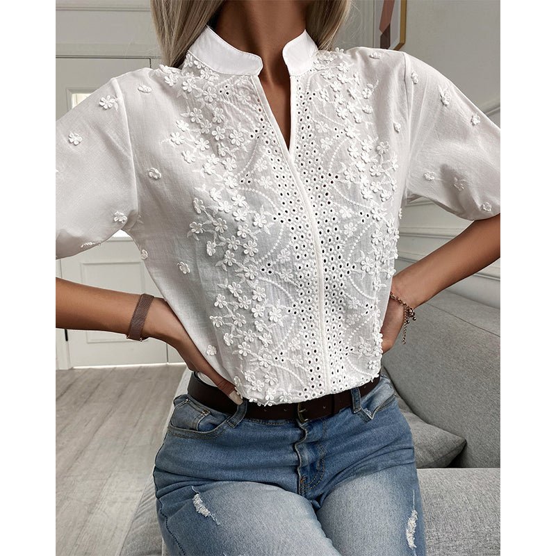 Embroidered Cotton Blouse | Stand Collar | Delicate Eyelet Detail
