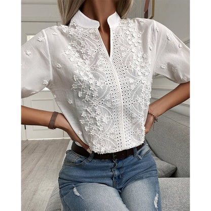Embroidered Cotton Blouse | Stand Collar | Delicate Eyelet Detail
