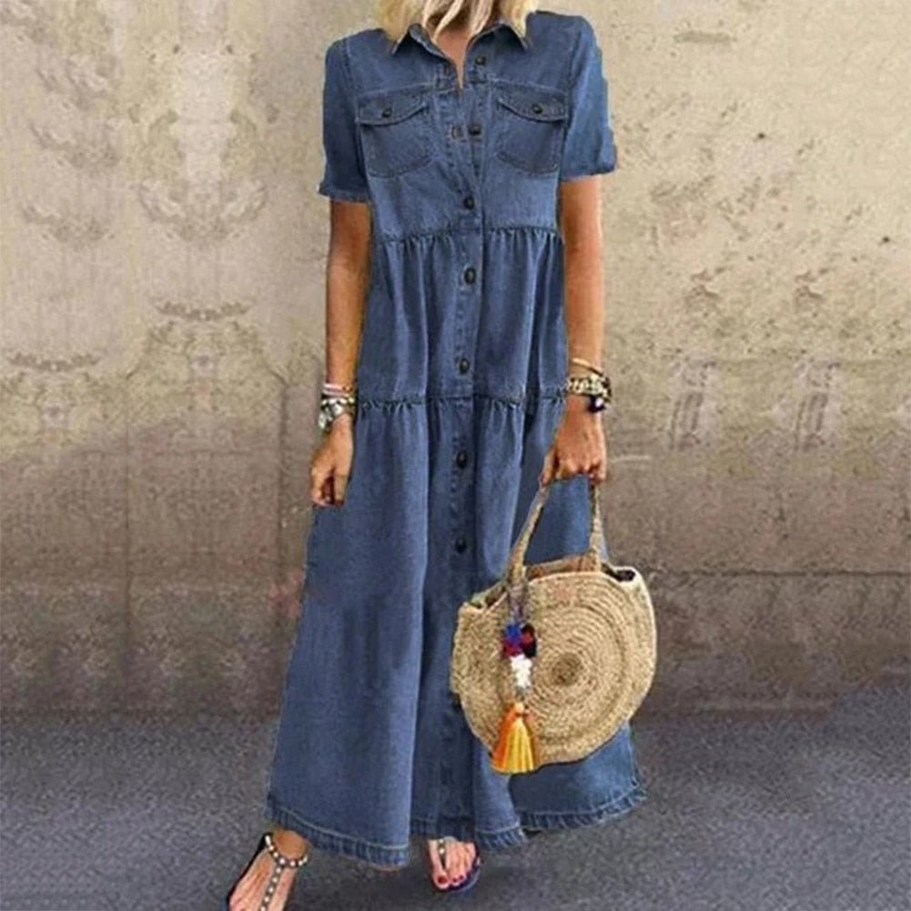 Denim Maxi Shirt Dress | Button-Up Front | Short Sleeve Utility Style