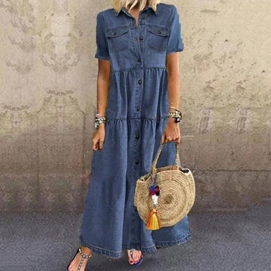 Denim Maxi Shirt Dress | Button-Up Front | Short Sleeve Utility Style