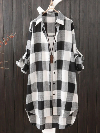 Oversized Plaid Shirt Dress | Roll-Tab Sleeves & Hi-Low Hem | Lightweight Cotton Blend